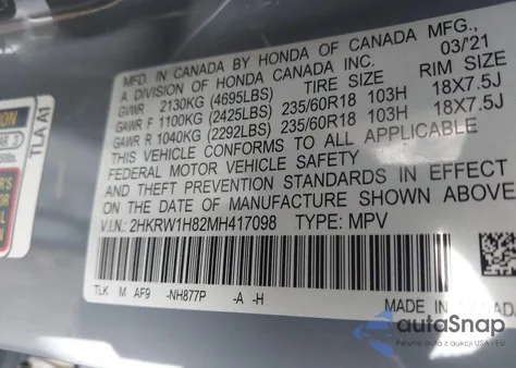 2021 Honda Cr-V 2Wd Ex-L from USA, damaged, VIN 2HKRW1H82MH417098